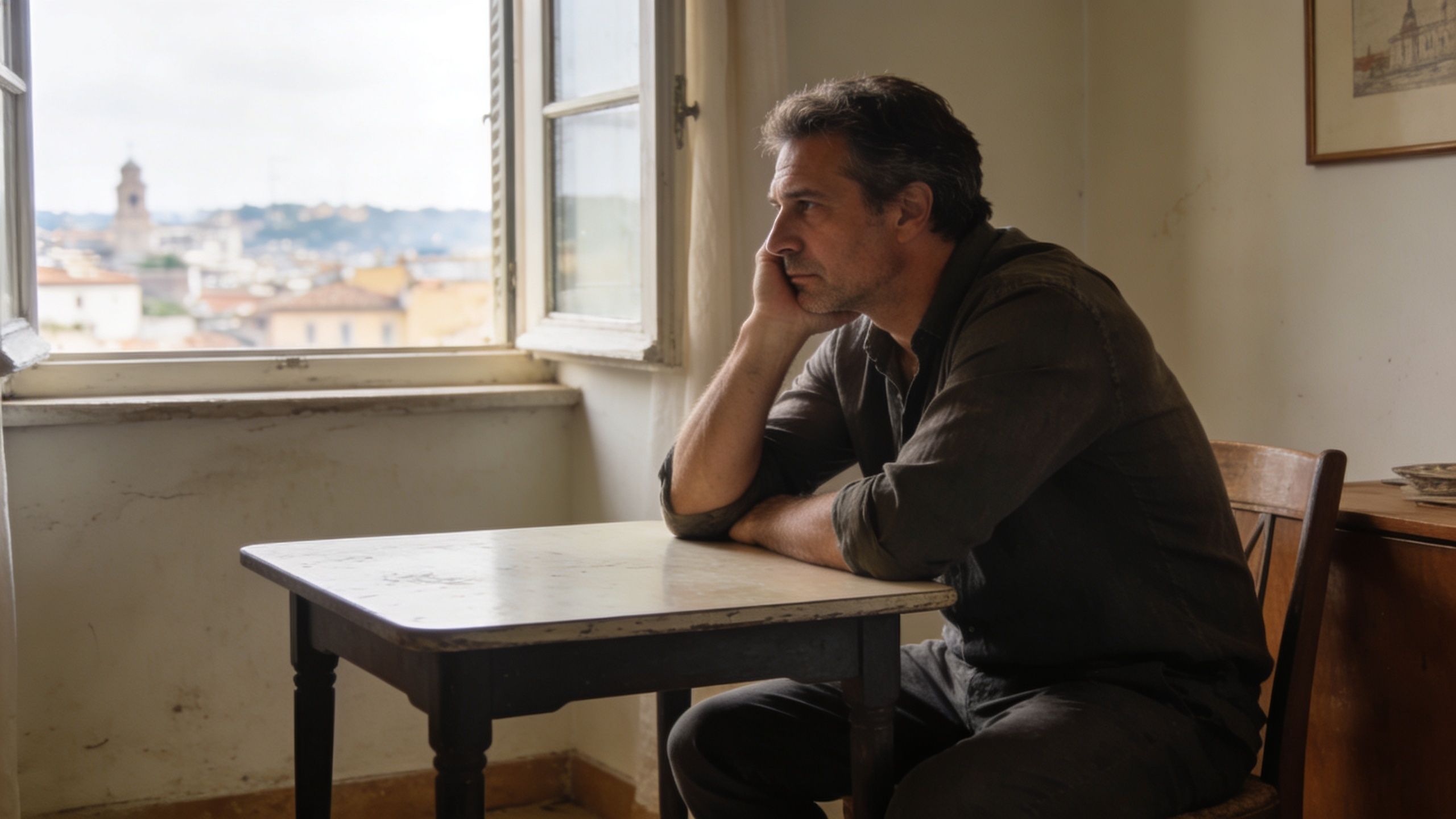 A pensive man sitting alone at a small wooden table by an open window overlooking a city.