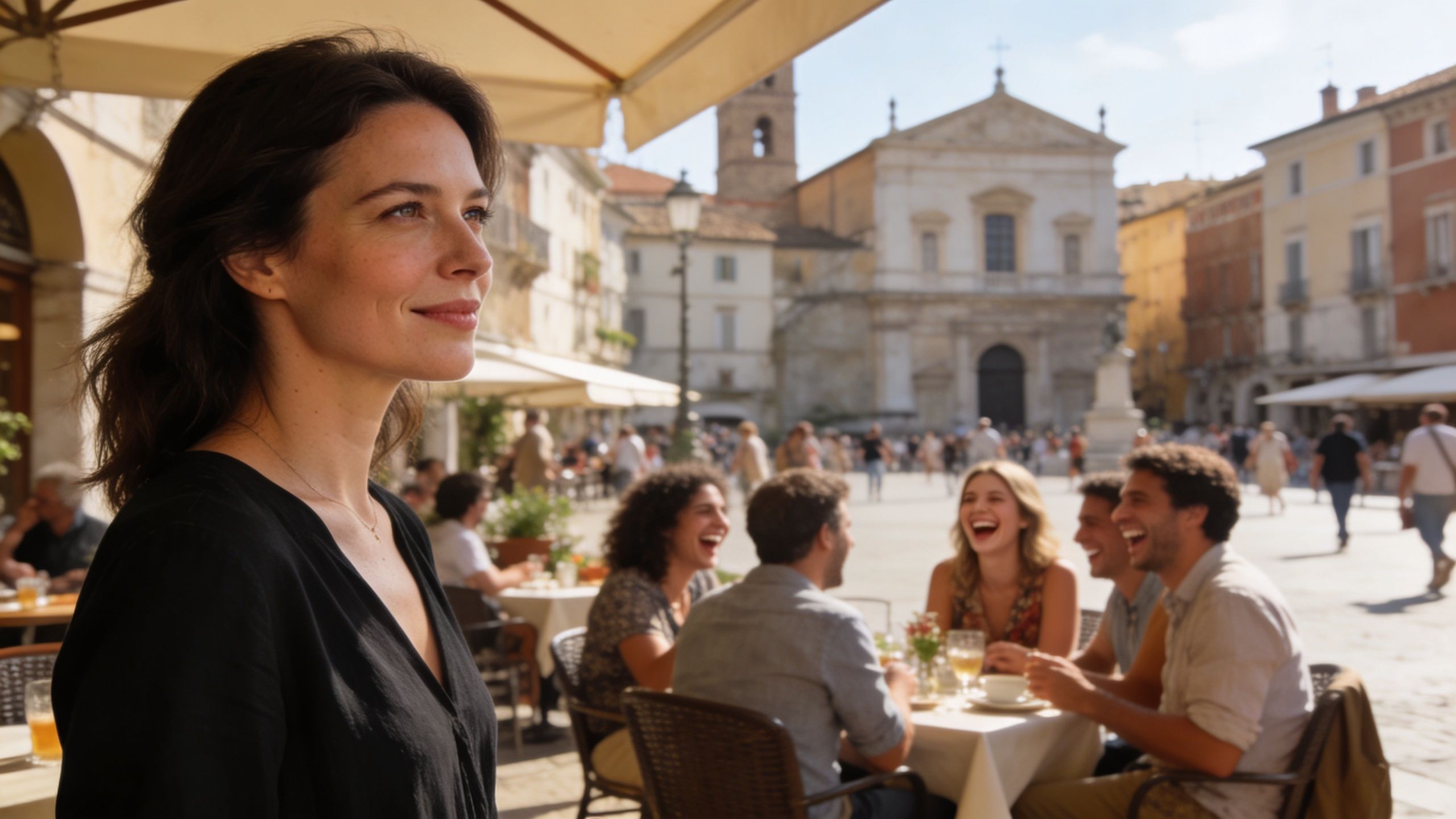 A woman stands apart looking thoughtful while a group of friends laughs together at an Italian cafe.
