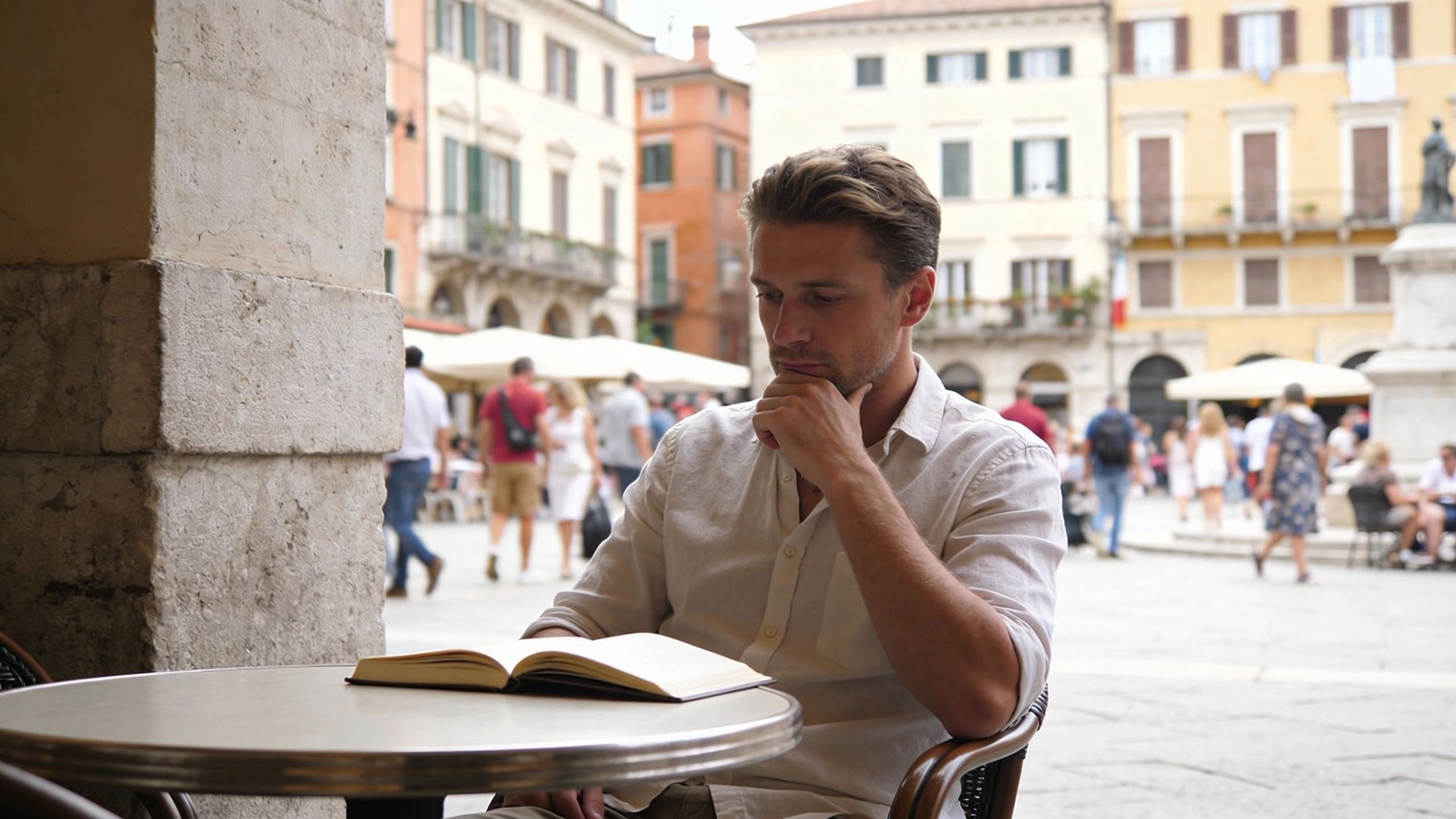 A thoughtful man reading a book while sitting at an outdoor cafe in an Italian square.