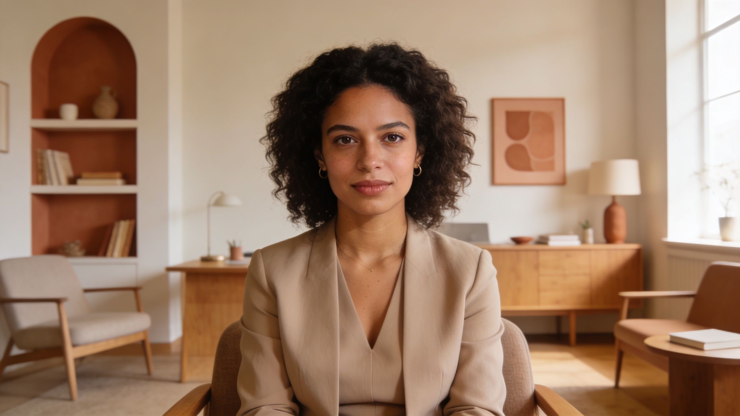 A professional therapist with curly hair sitting in an office for a video consultation session.