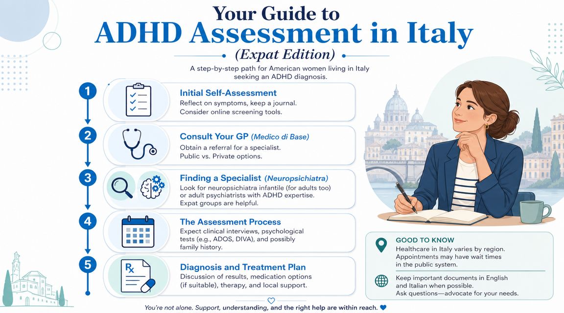 A five-step guide illustration for American women in Italy navigating the ADHD assessment and diagnosis process.