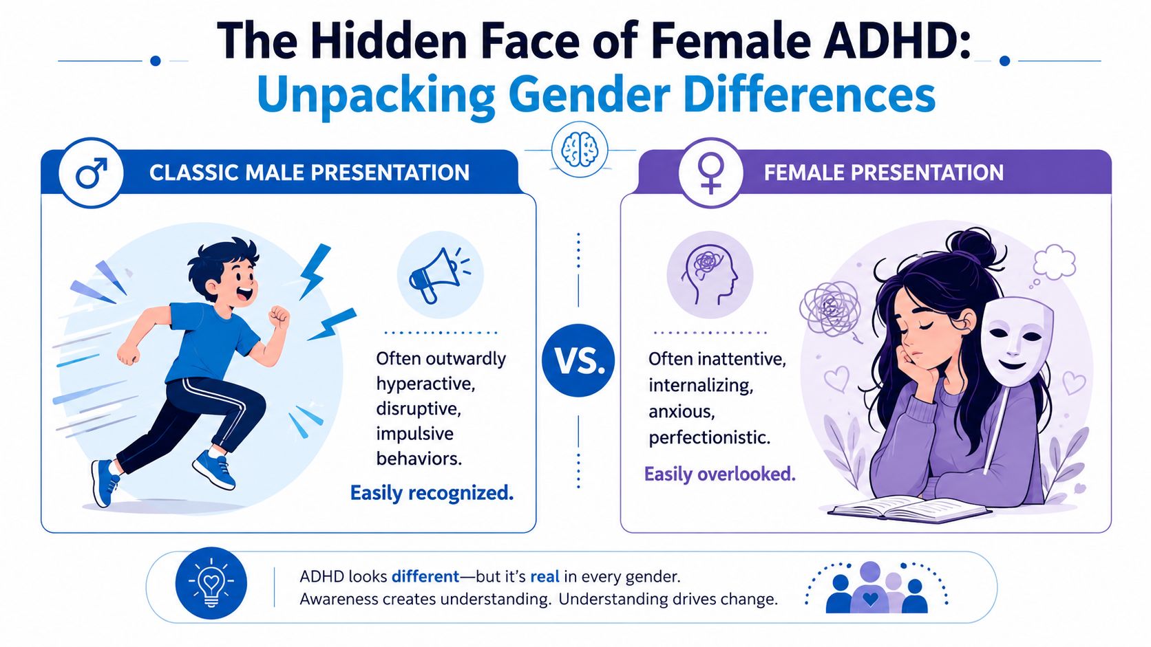 An infographic comparing classic male ADHD presentation with typically overlooked, internalizing female ADHD presentation.
