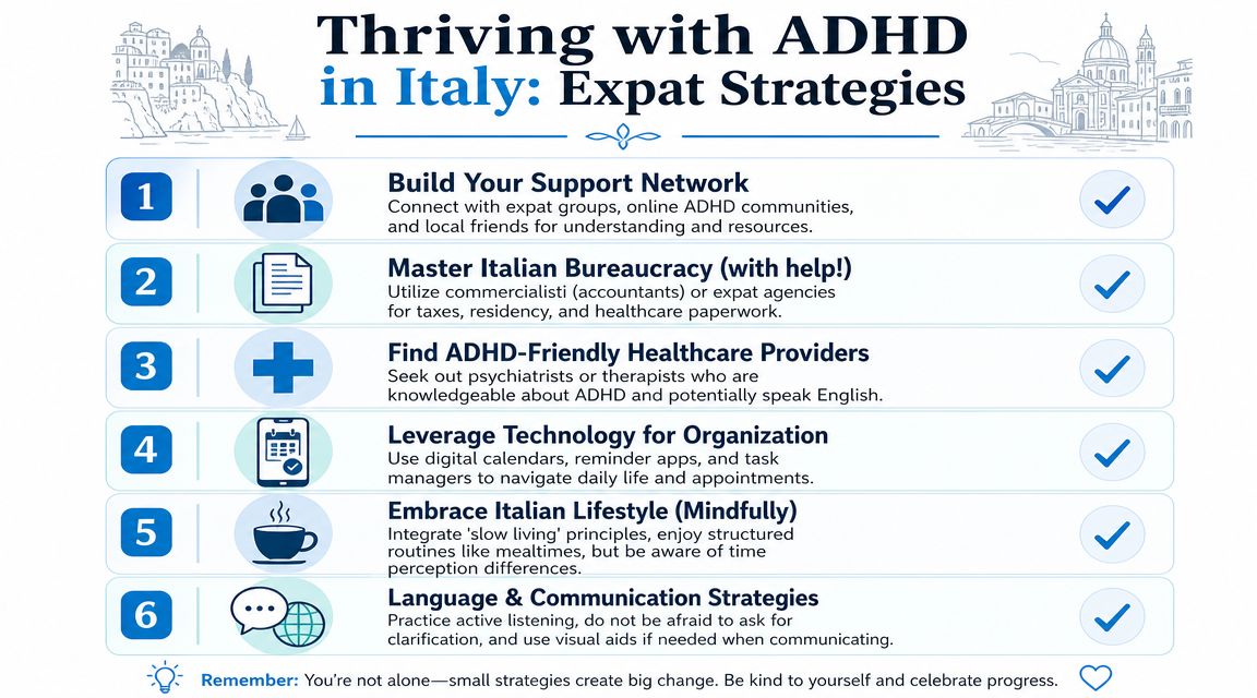 An infographic titled Thriving with ADHD in Italy outlining six essential strategies for expats living abroad.