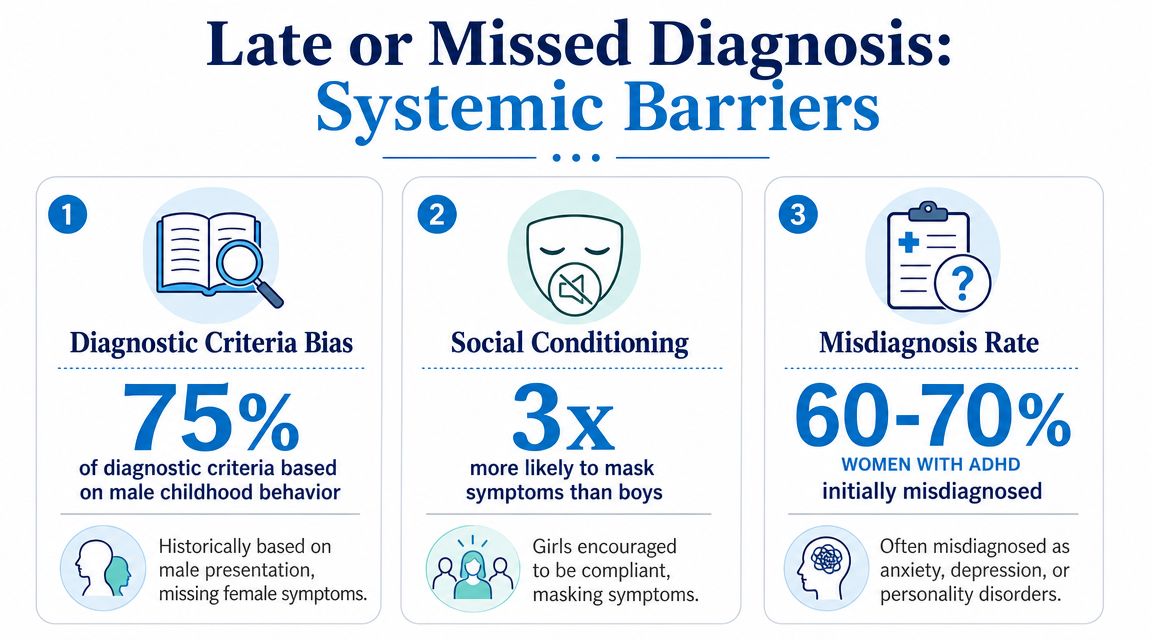 An infographic titled Late or Missed Diagnosis explaining systemic barriers for women with ADHD diagnosis.
