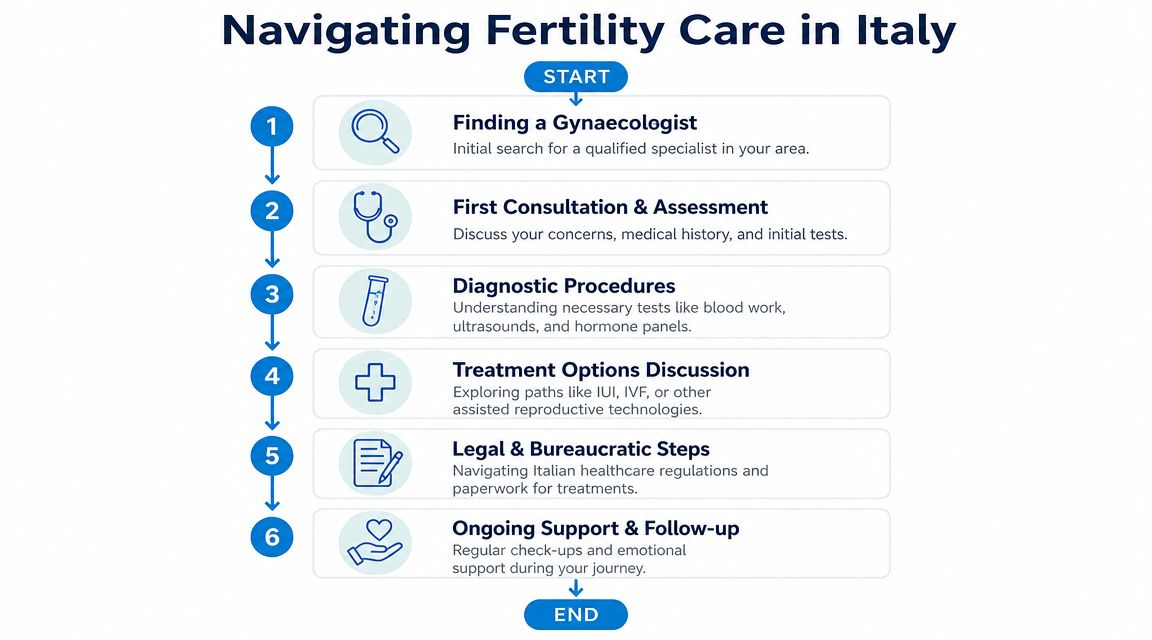 A flowchart titled Navigating Fertility Care in Italy outlining six sequential steps for reproductive medical treatment processes.