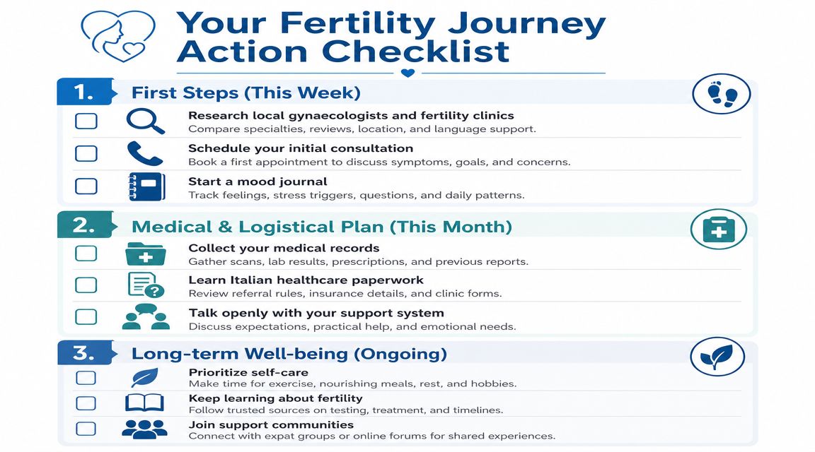 A fertility journey action checklist with steps for medical appointments, logistical planning, and emotional well-being.