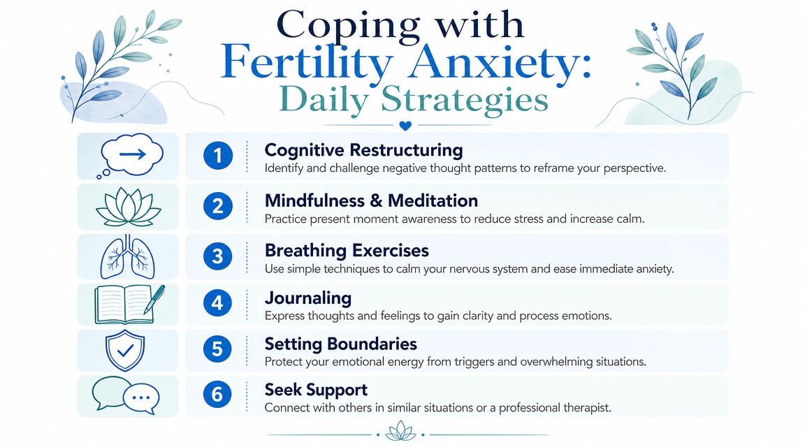 A list of six daily strategies for coping with fertility anxiety, presented with icons and descriptions.