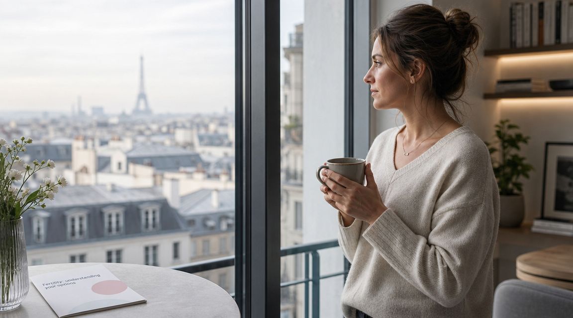 A woman stands by a window in Paris holding a coffee mug with a fertility guide on the table.