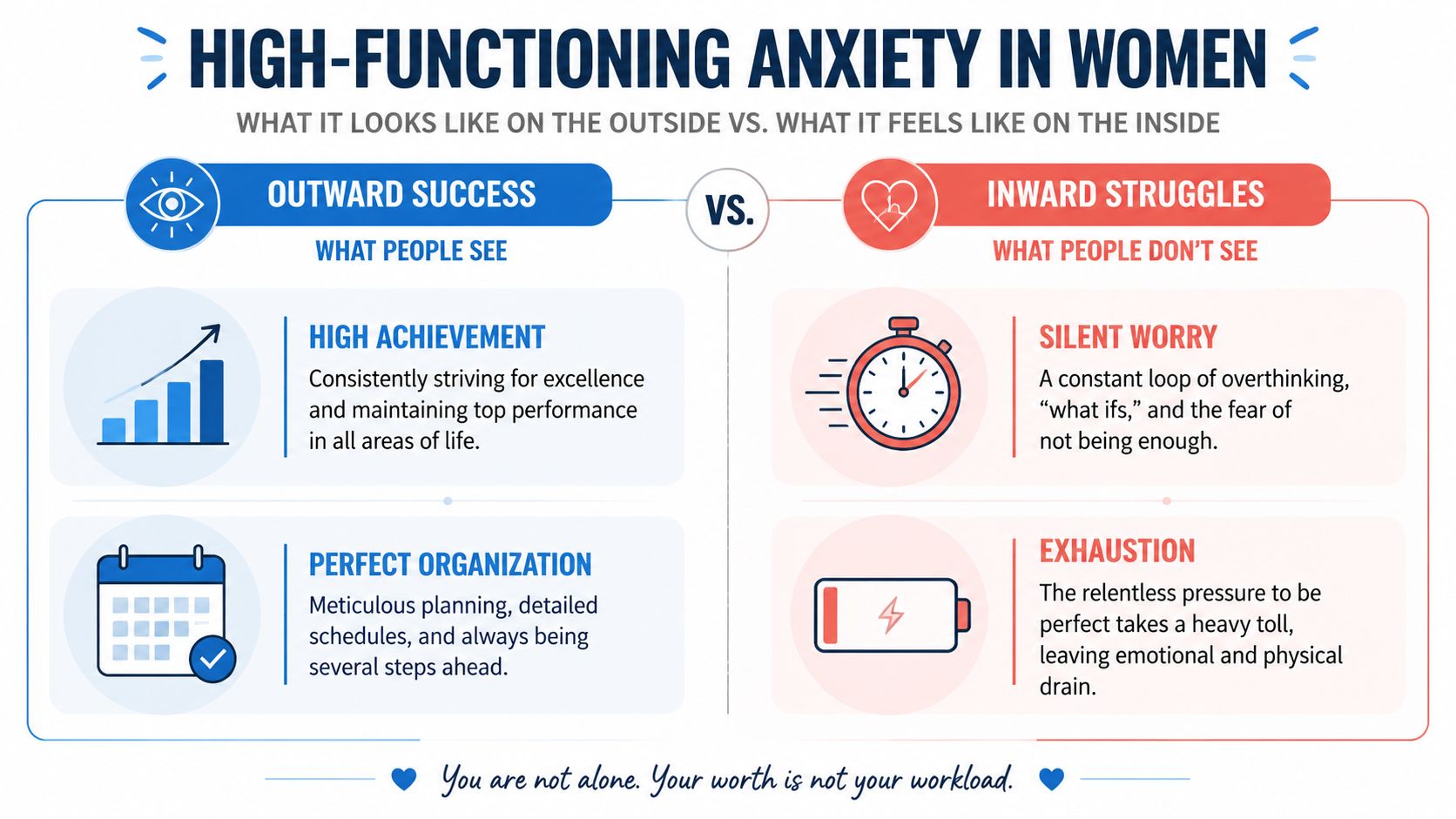 A chart illustrating the contrast between the external appearance and internal experiences of women with high-functioning anxiety.