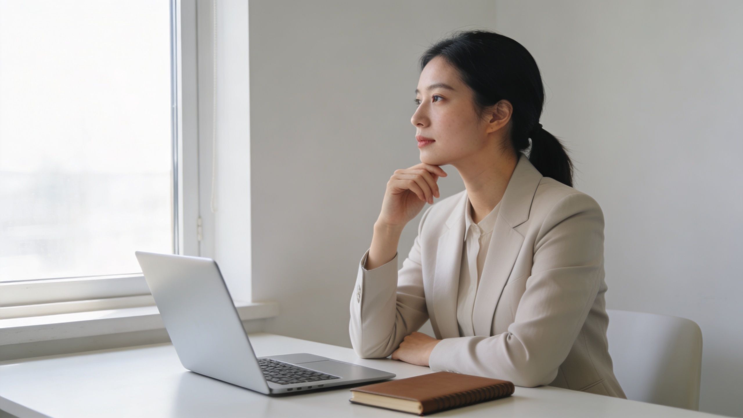 A professional woman in a light blazer sitting at her desk with a laptop, looking out a window.