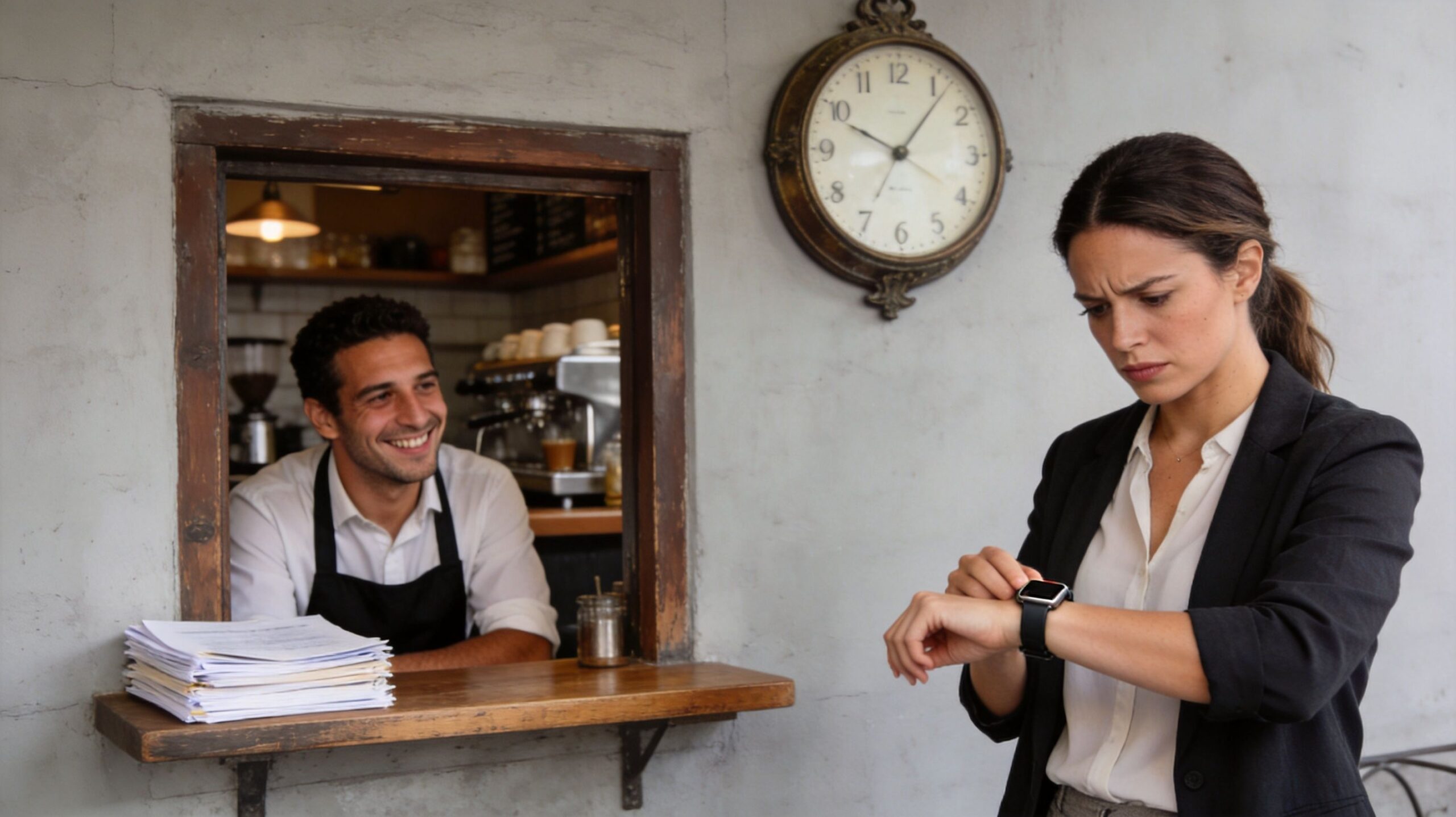 A concerned woman checks her smartwatch while waiting at a rustic cafe window in Italy.