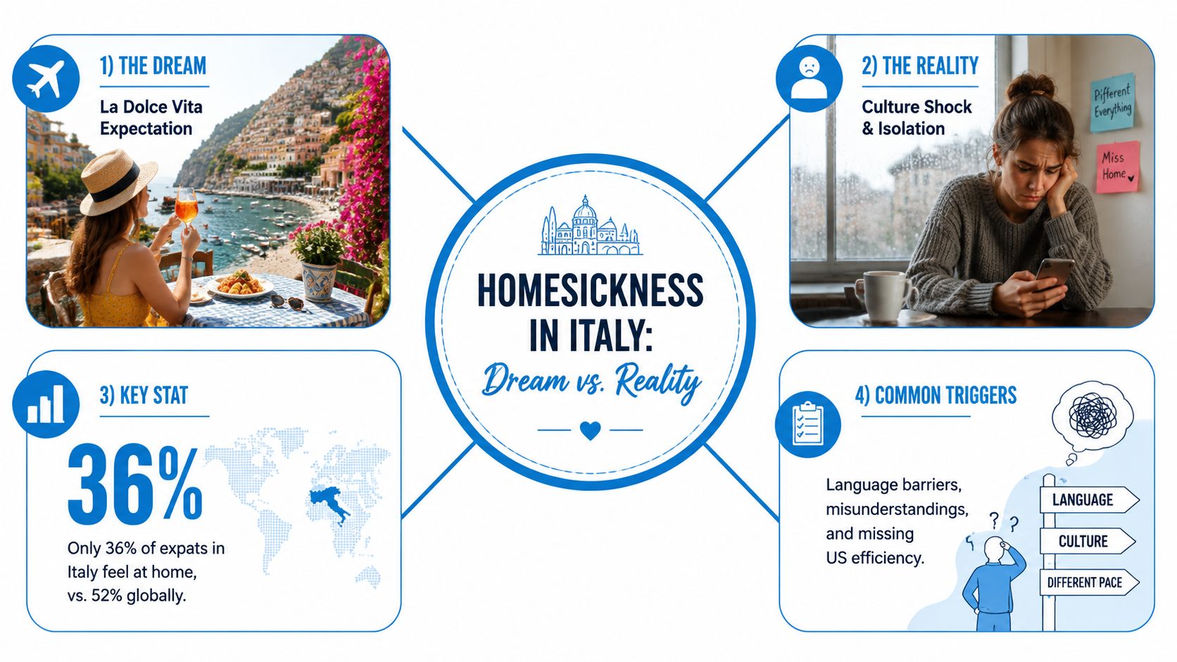 An infographic titled Homesickness in Italy contrasting the idealized dream with the difficult reality of expatriate life.