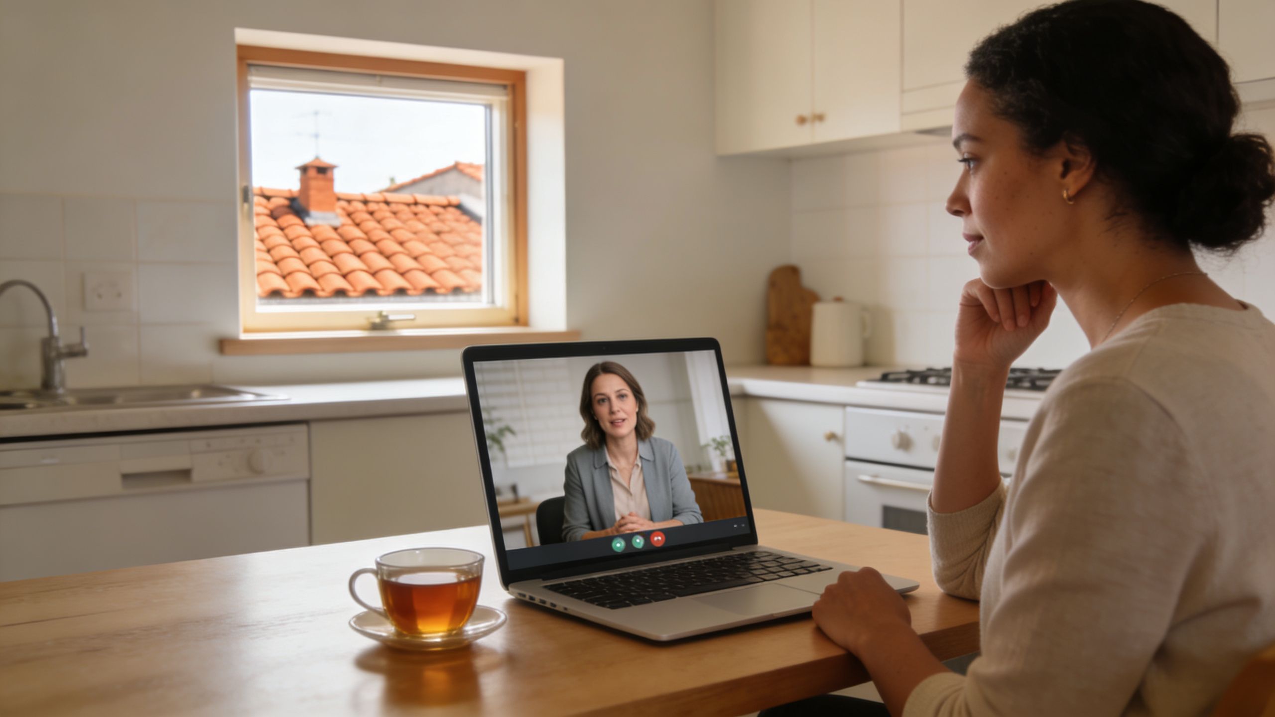 A woman sits at a kitchen table in Italy, participating in a video call on her laptop.