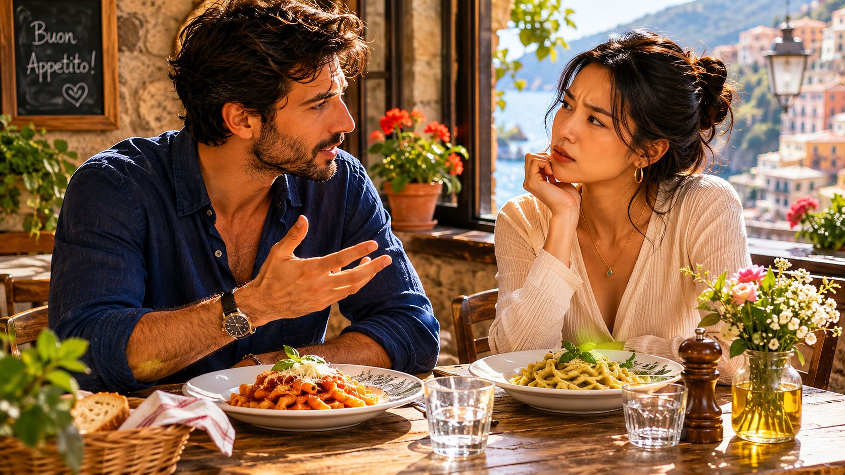A man and woman having a thoughtful conversation over a pasta dinner at an outdoor Mediterranean restaurant.