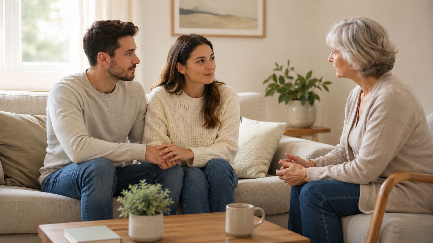 A young couple sits on a sofa having a serious discussion with an older woman.