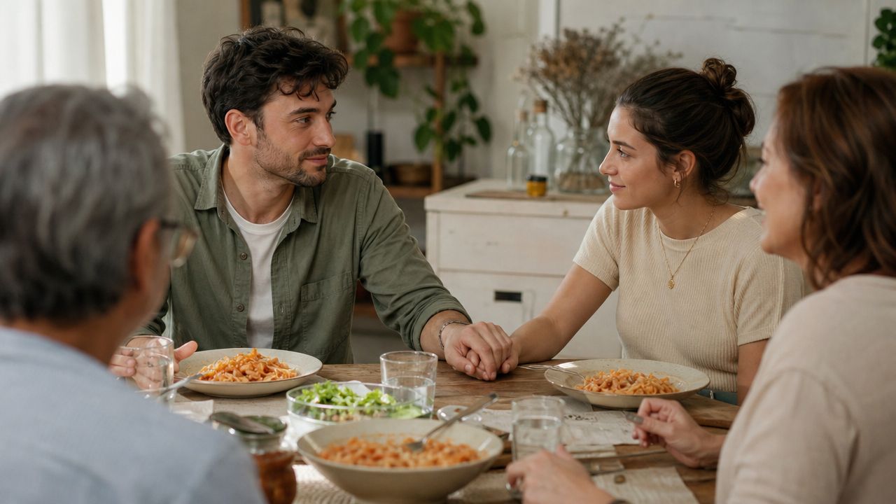 A young couple holding hands across a dinner table while having a meal with family members.