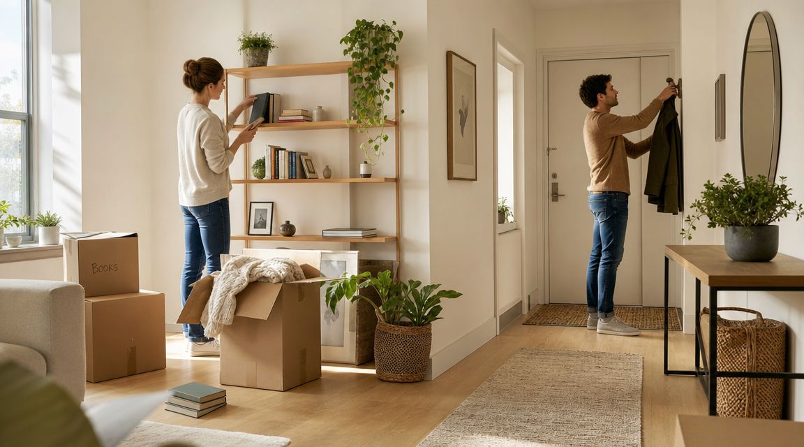 A couple unpacking moving boxes in their new home while settling into a shared living space.