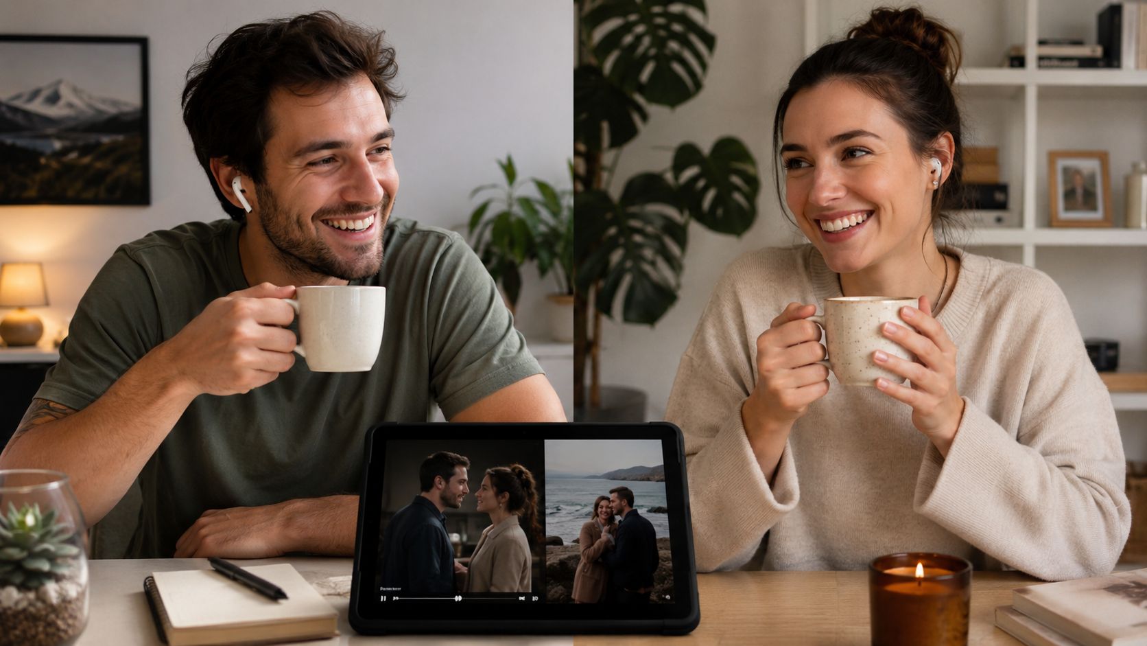 A happy couple on a video call while drinking coffee, maintaining a long distance relationship.