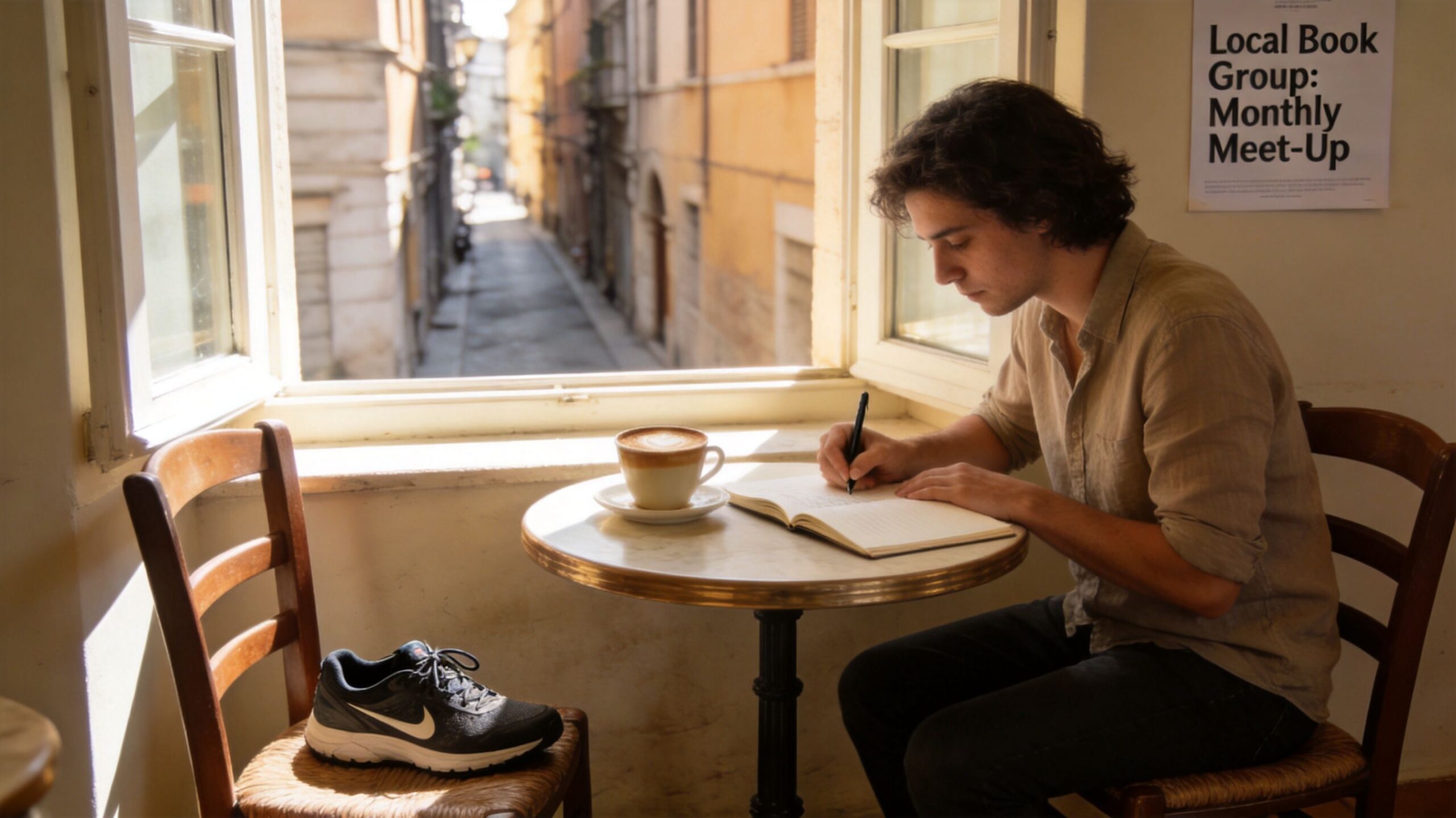 A man sits at a cafe table by an open window writing in a journal.