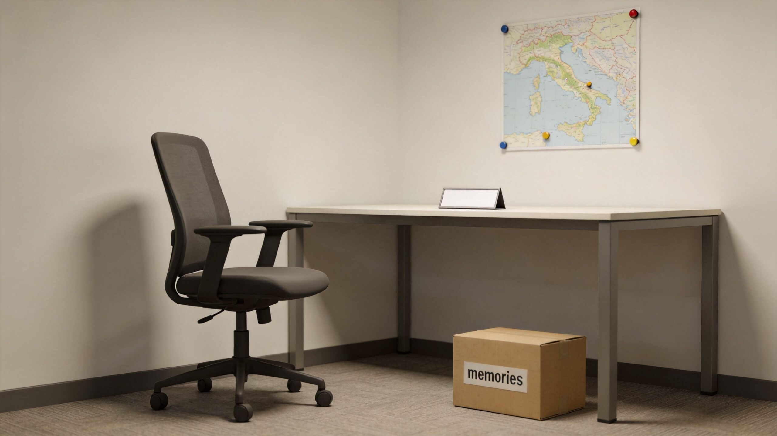 A lonely office setup featuring a desk, a chair, and a box labeled memories during expatriation.