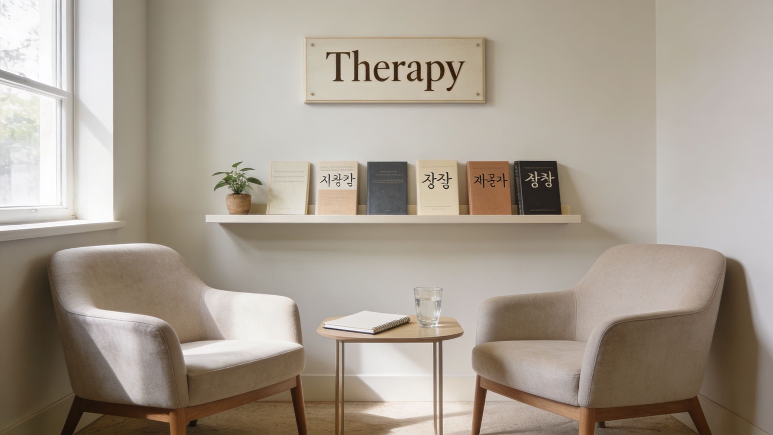 Two beige armchairs facing each other in a calm, modern office setting with books on a shelf.