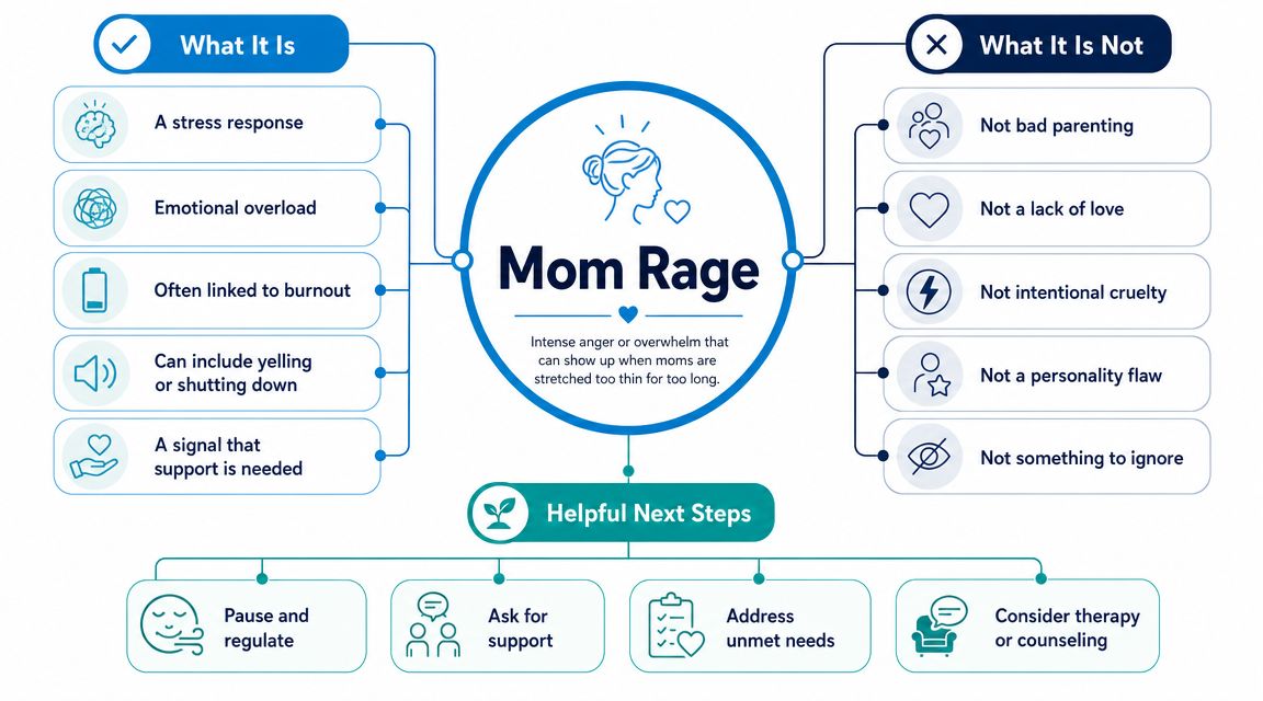 An infographic defining mom rage as a stress response and providing helpful steps for managing overwhelm.