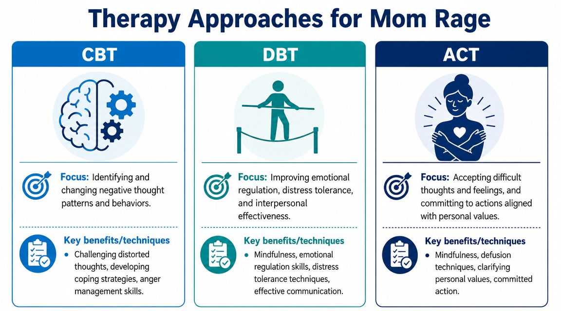 A graphic infographic outlining Cognitive Behavioral, Dialectical Behavior, and Acceptance and Commitment therapies for mom rage.