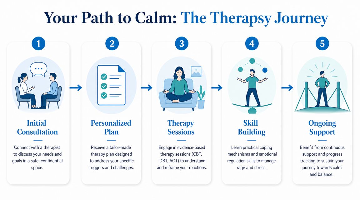 A five-step infographic showing the therapy journey process from initial consultation to ongoing support for mental well-being.