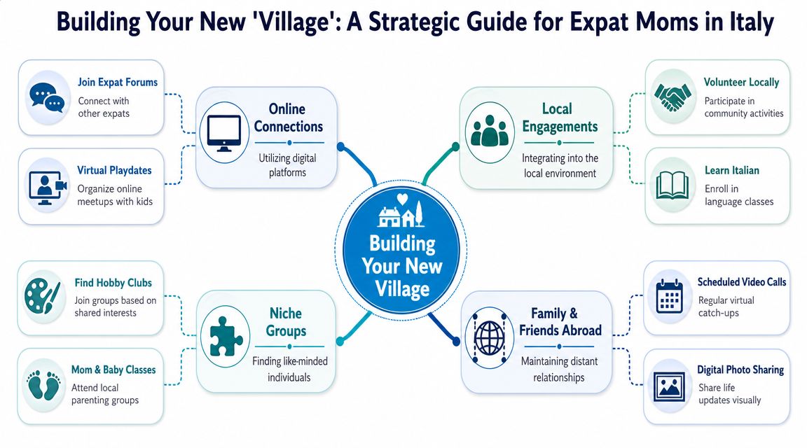 A strategic infographic for expat moms in Italy on how to build a social support village.