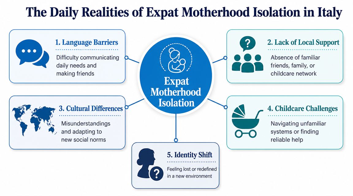 An infographic detailing five key factors contributing to the experience of motherhood isolation for expats in Italy.