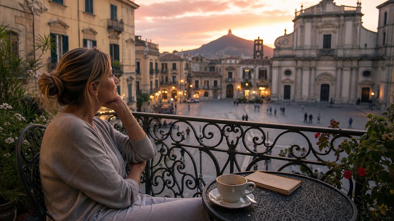 A woman sits on a balcony at sunset, looking out over a historic town square with a cathedral.