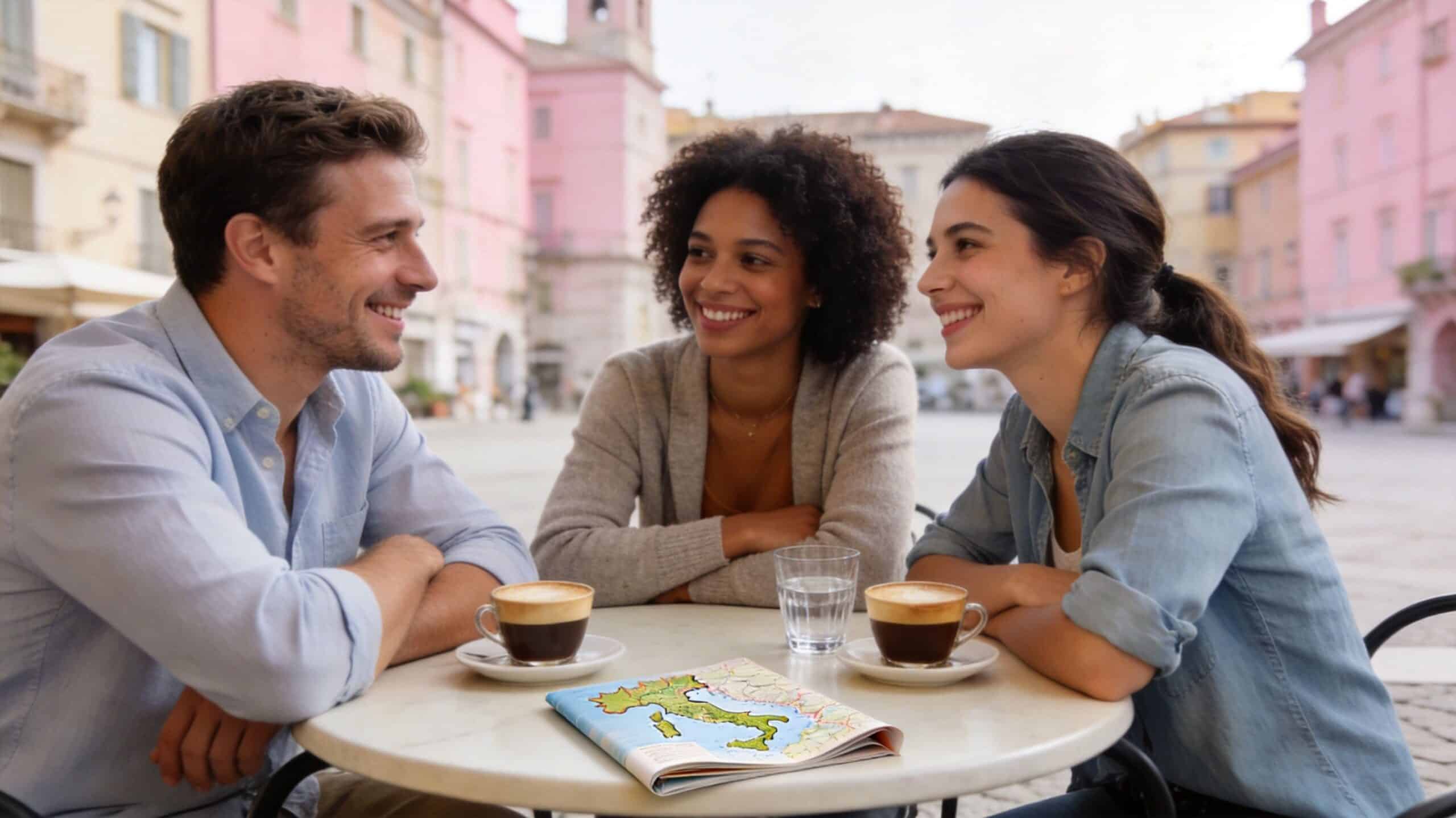 Three diverse friends sit at an outdoor cafe table in Italy with a map and coffee.