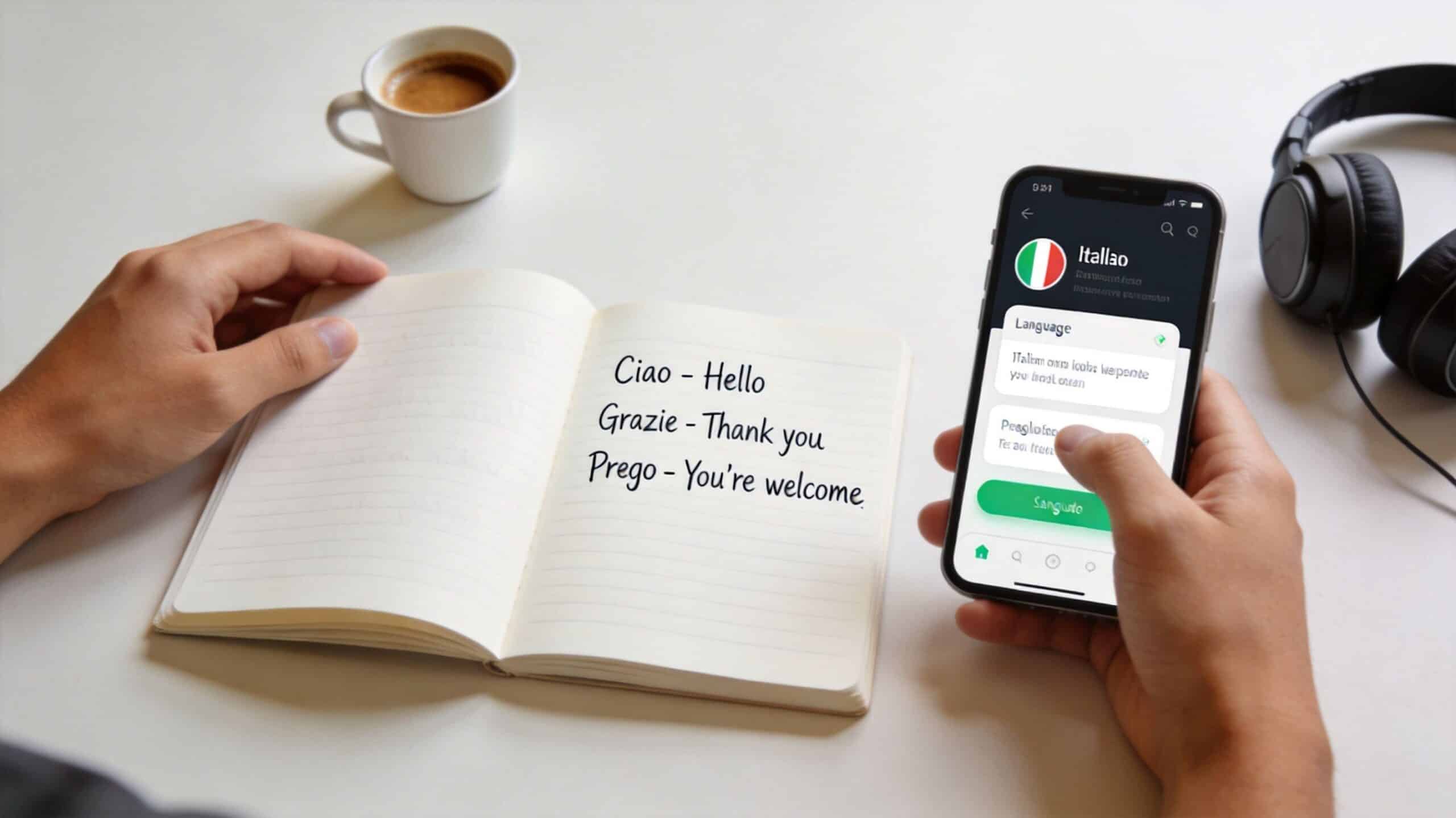 A person learning Italian vocabulary in a notebook while using a language learning app on a smartphone.