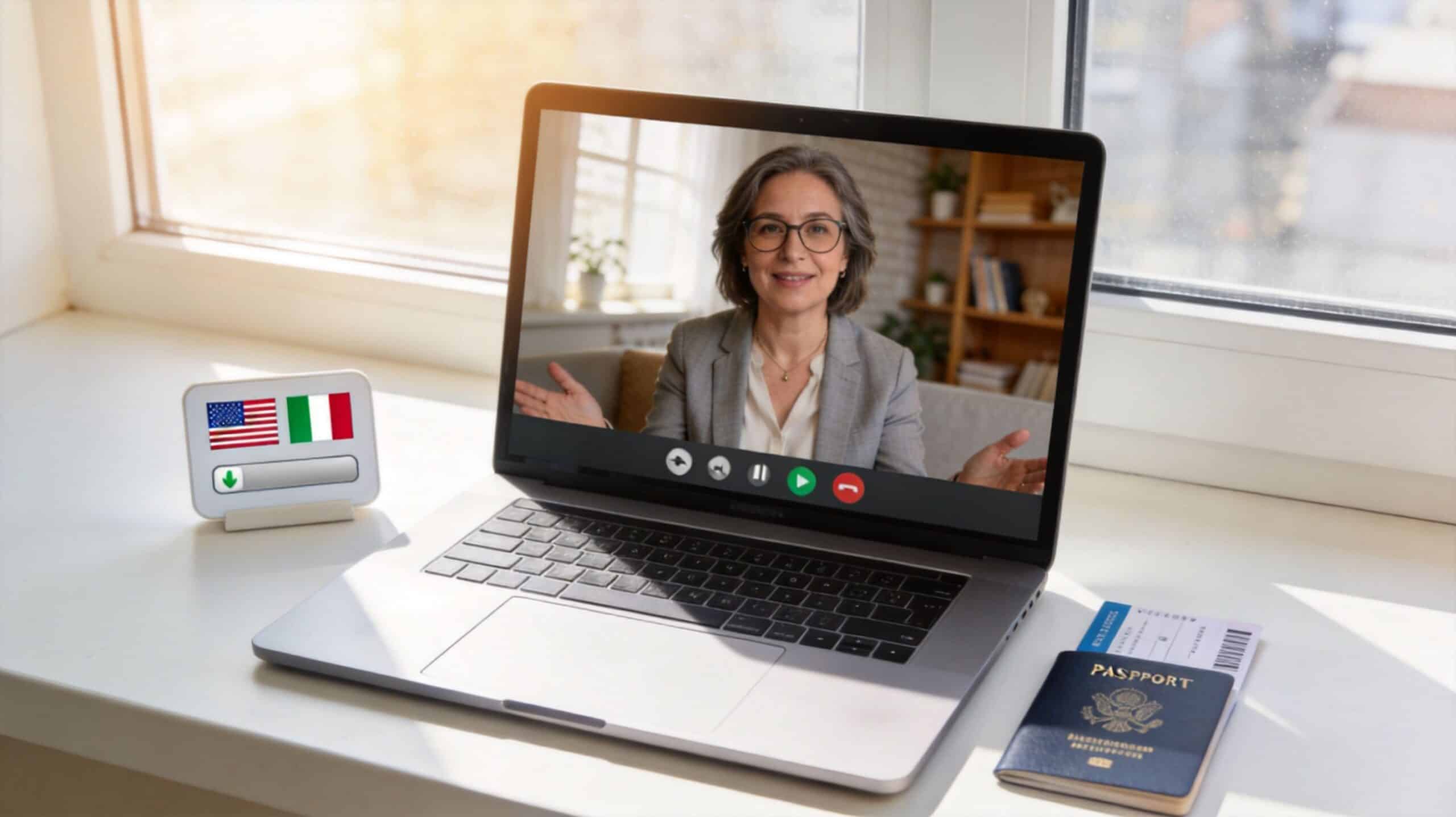 A laptop showing a video call with a woman on a window sill next to a passport.