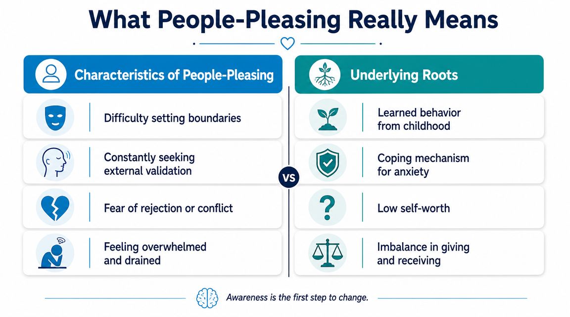 An infographic titled What People-Pleasing Really Means, outlining common characteristics and the underlying roots of people-pleasing behaviors.