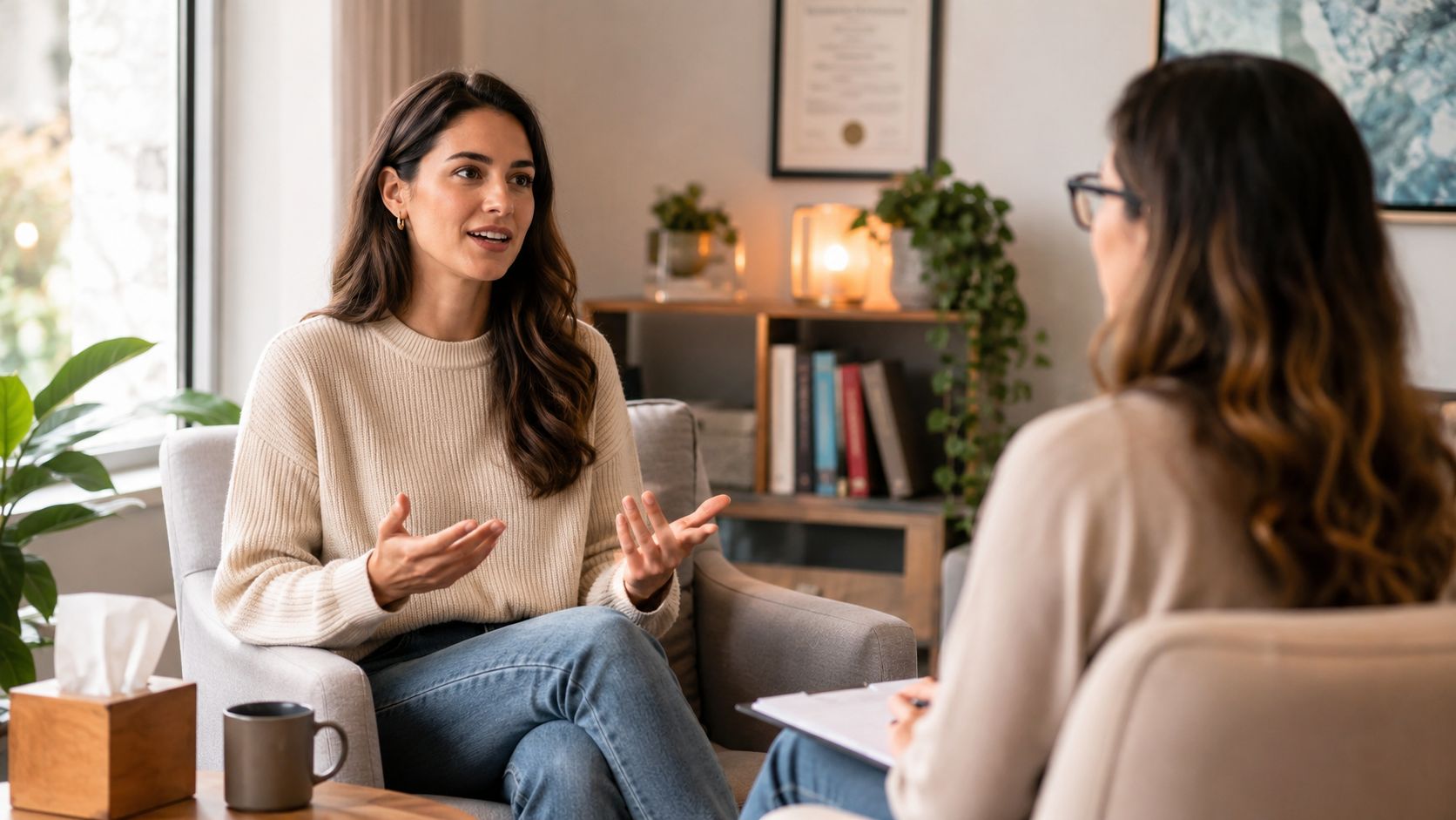 A woman speaking to her therapist during an in-person mental health counseling session in an office.