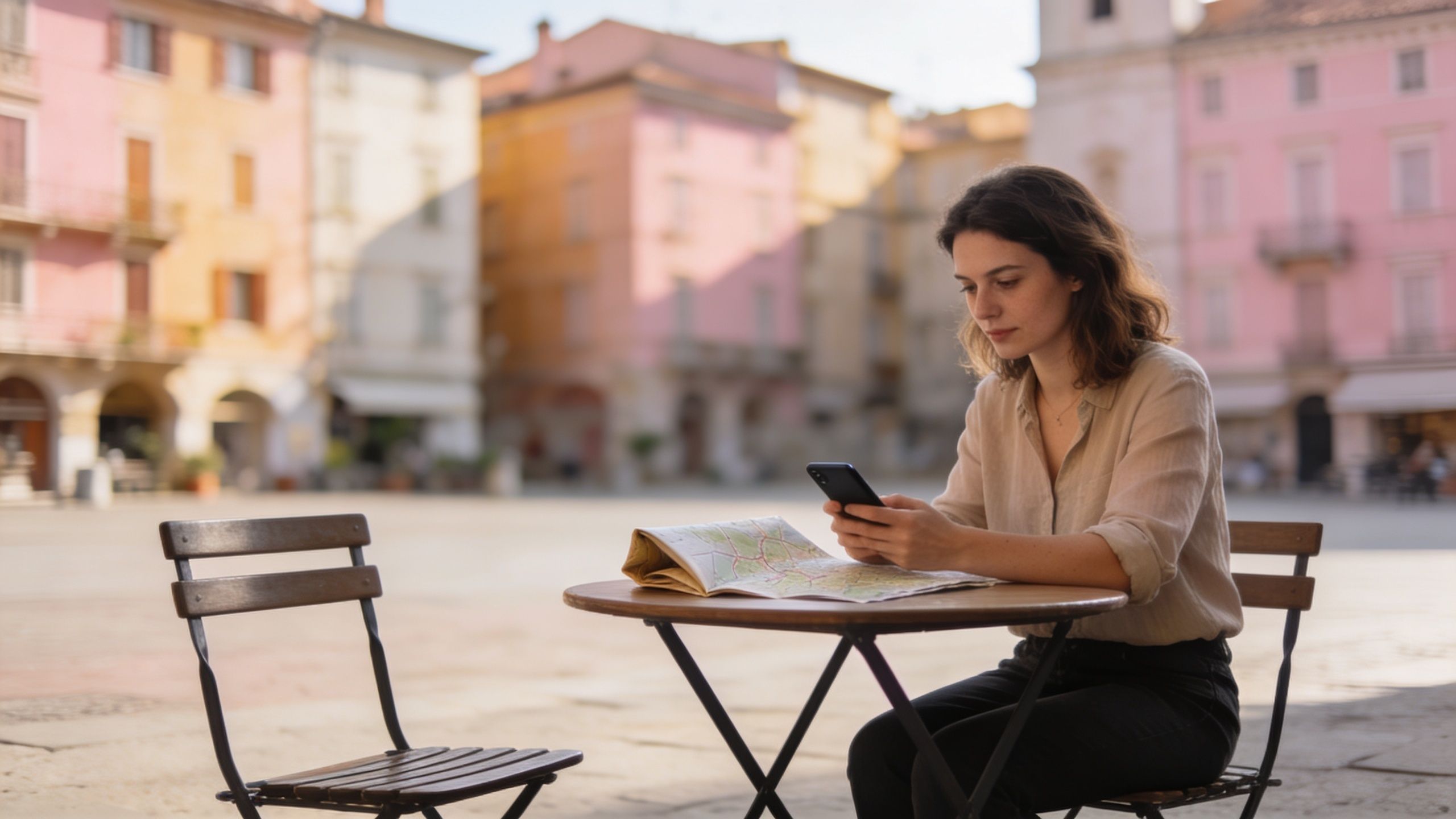 A woman sitting at an outdoor table in a square while checking her phone and looking at a map.