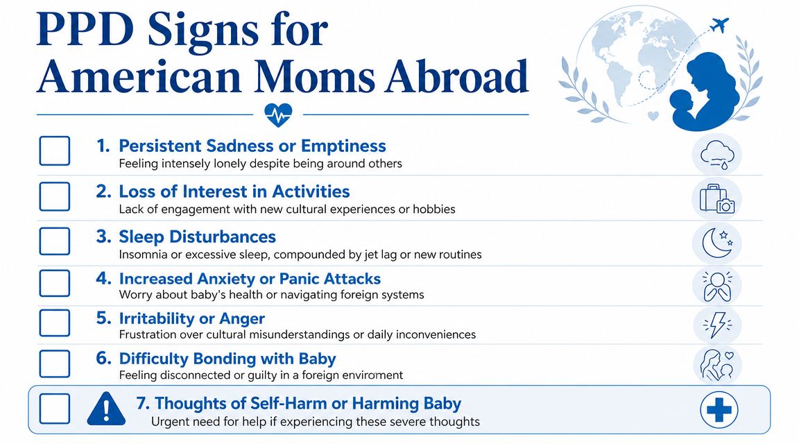 A checklist infographic detailing seven signs of postpartum depression for American mothers living abroad.