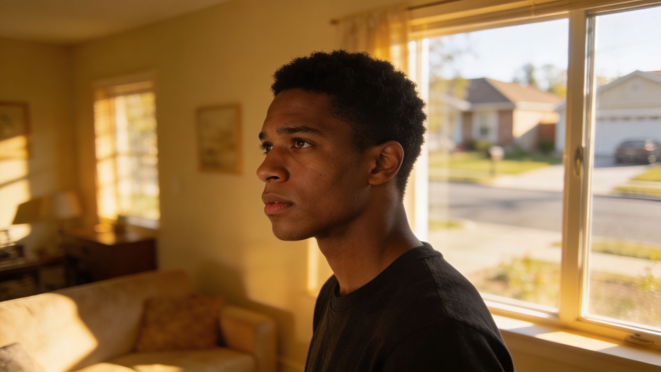 A young man with a contemplative expression looking out a window in a sunlit living room