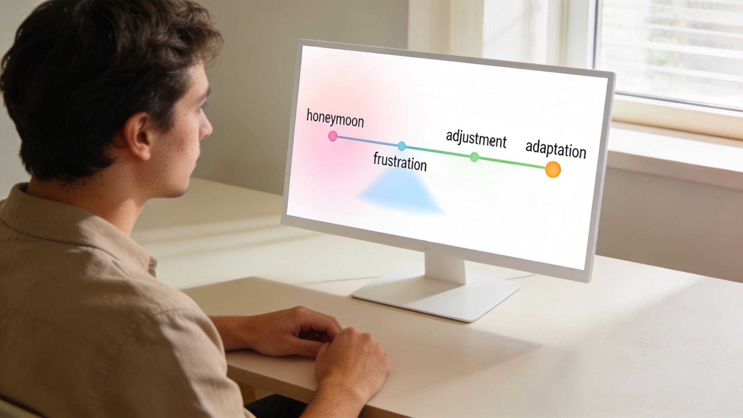 A young man looking at a computer screen displaying a graph showing the stages of cultural adjustment.