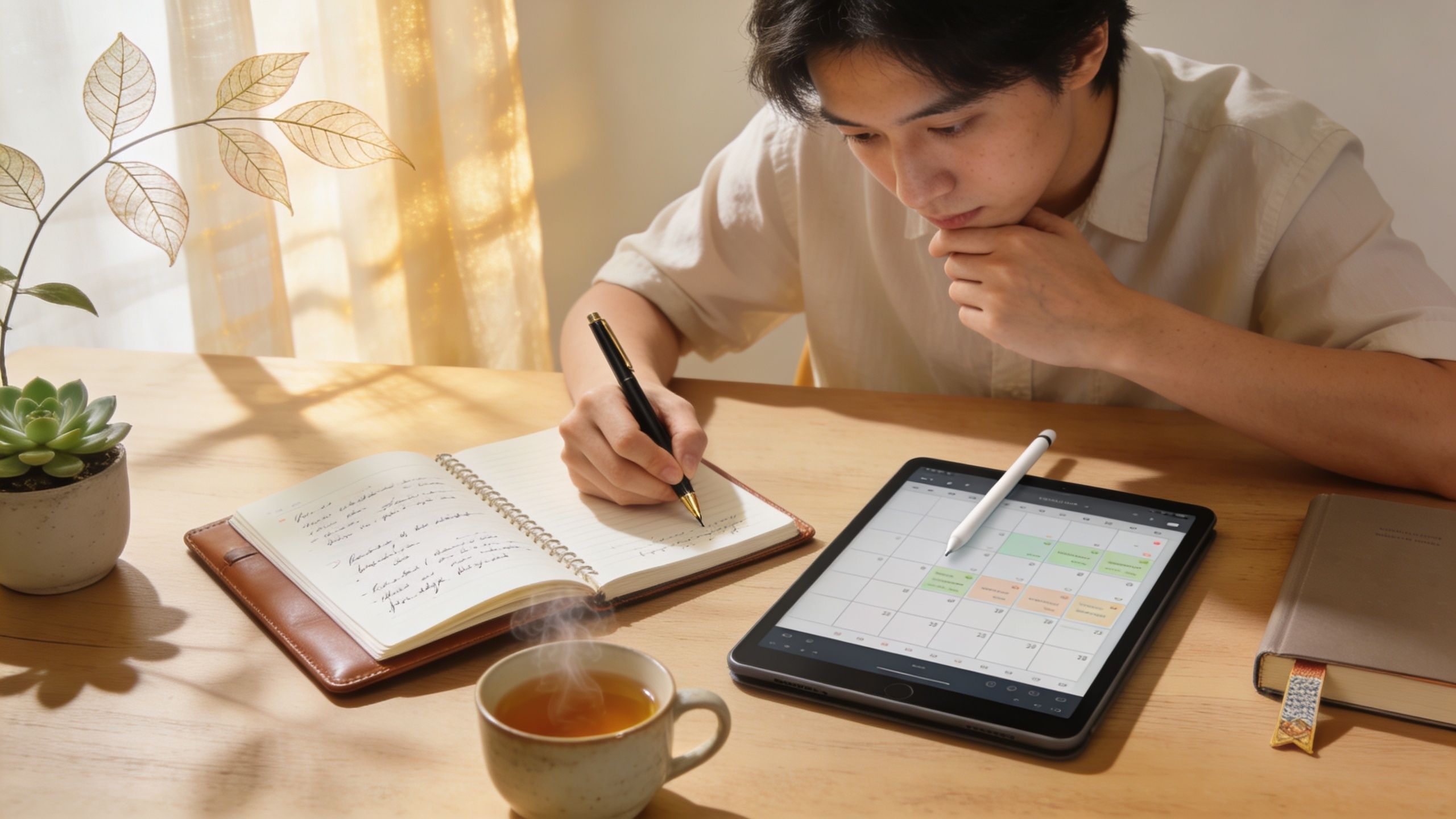 A young man sitting at a desk planning his schedule using a paper notebook and a digital tablet.