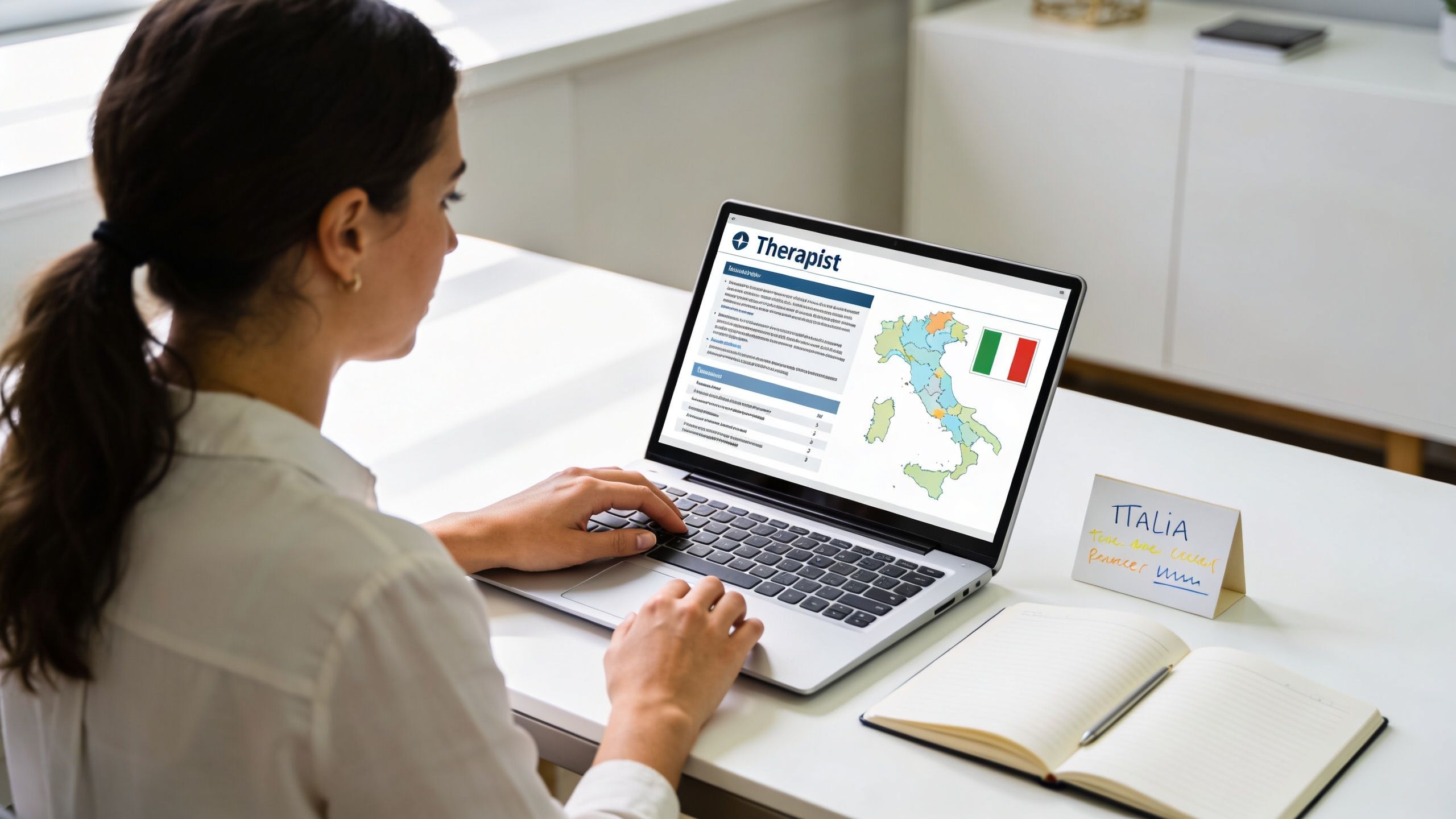 A woman working on a laptop displaying a therapist directory map of Italy for online mental health support.