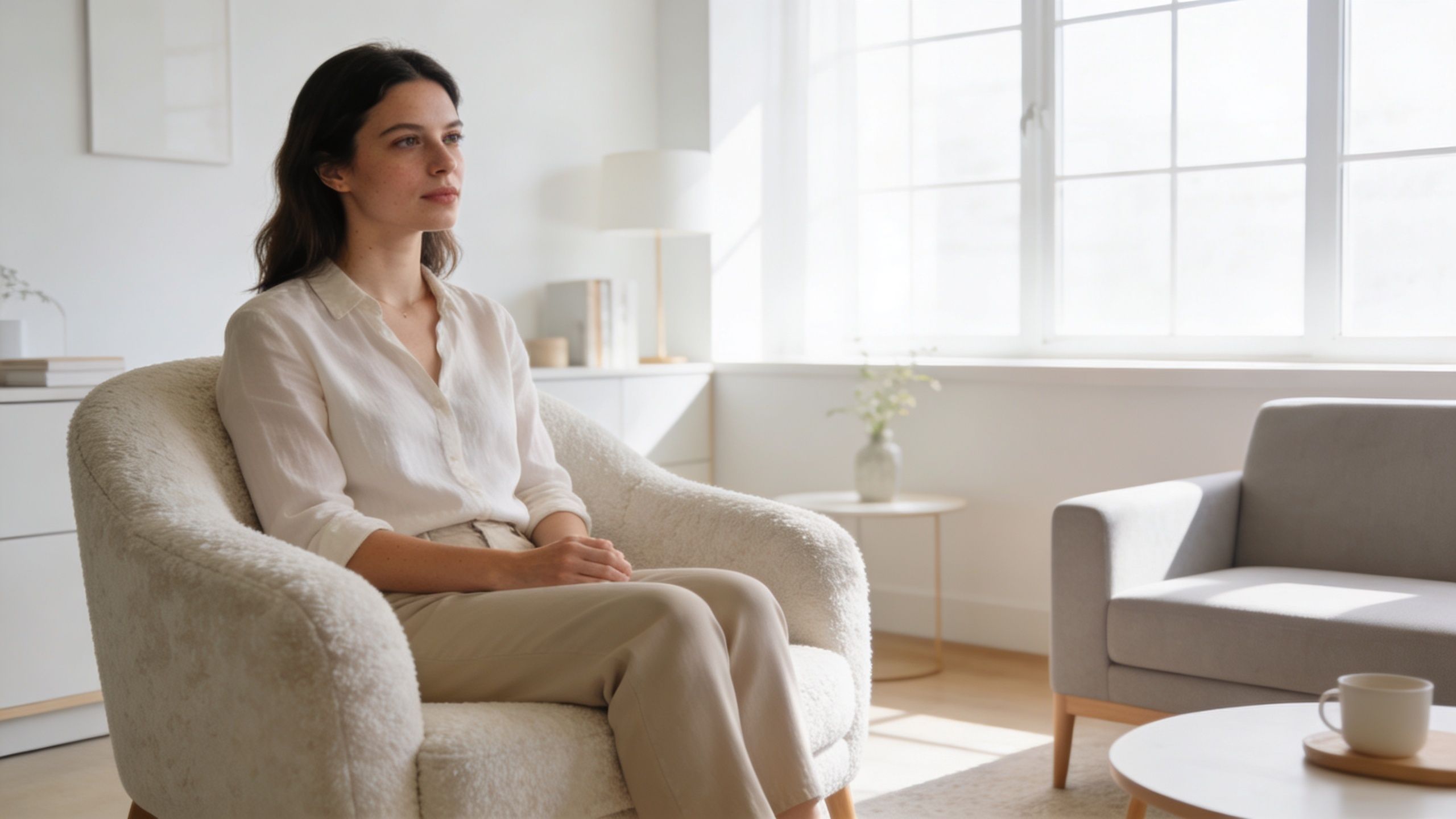 A woman sits thoughtfully in a comfortable armchair in a bright, minimalist living room or therapy office.