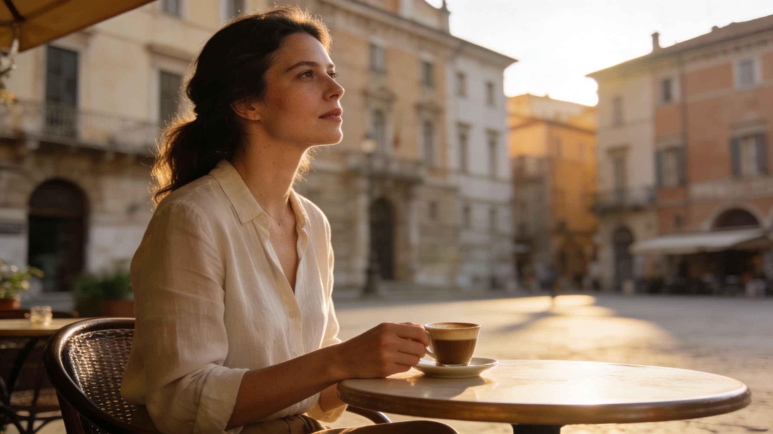 A woman in her thirties enjoying a quiet moment with a cup of coffee in an Italian square.