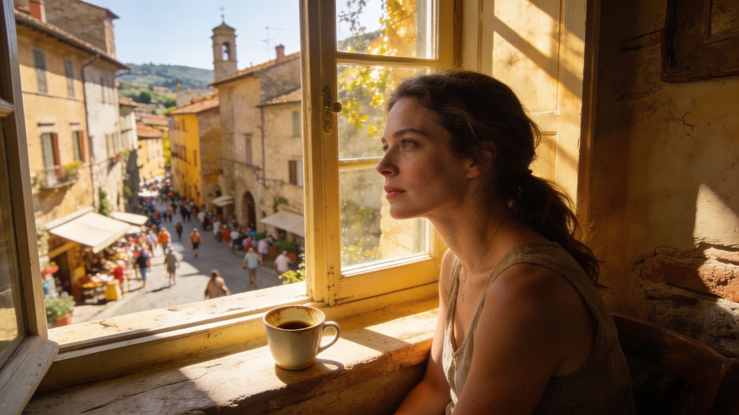 A woman looks out a window at a sunlit town square with a cup of coffee nearby.