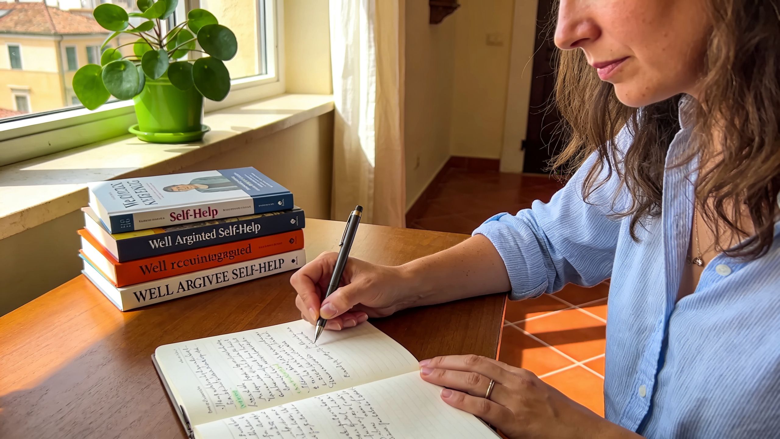 A woman writes in a notebook at a sunlit desk next to a stack of books.