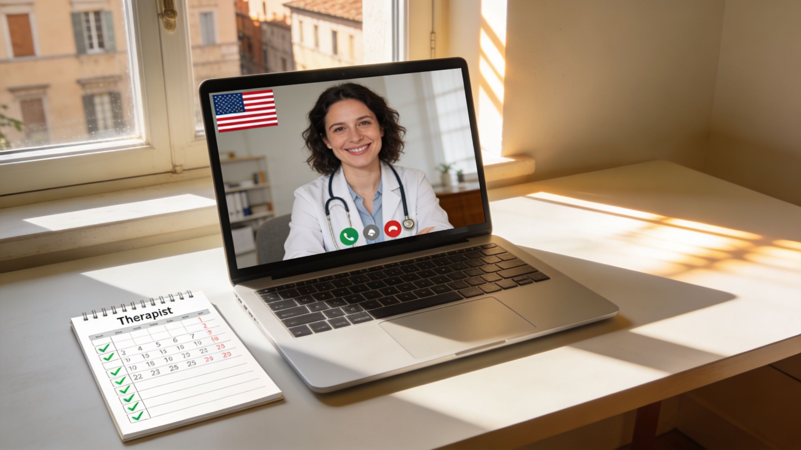 A laptop on a desk showing an online video consultation with an English-speaking therapist in Italy.
