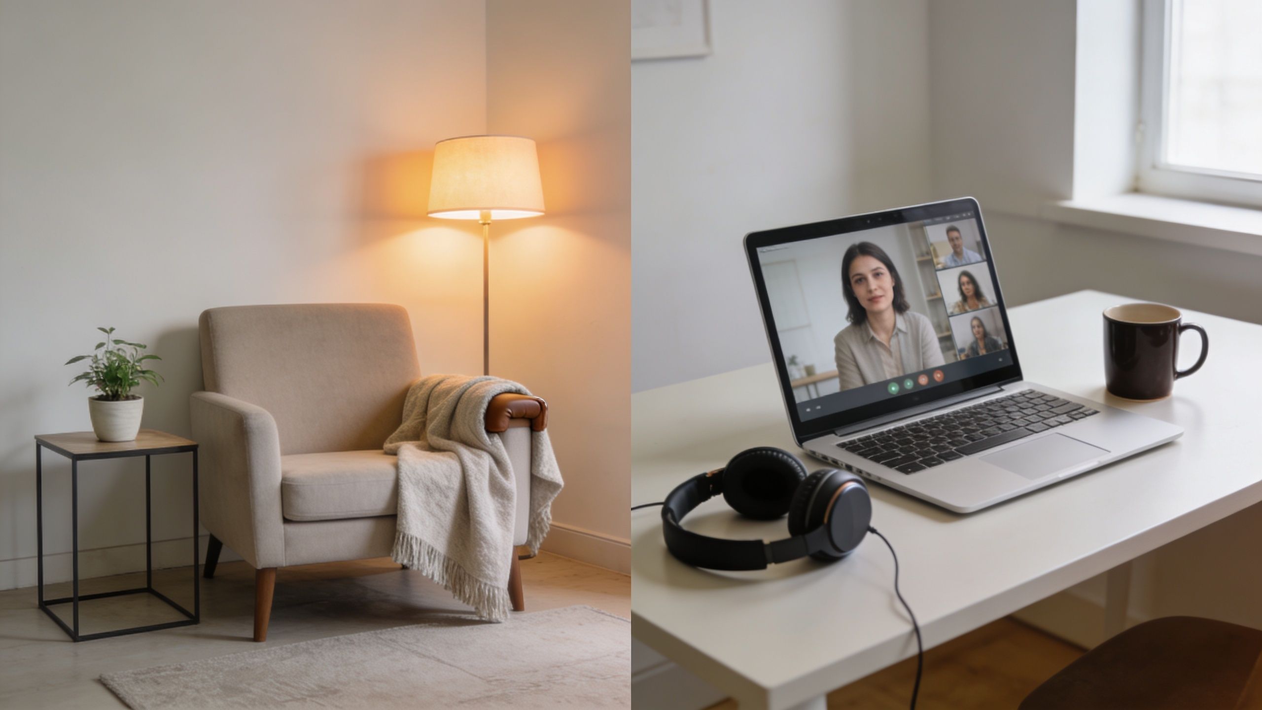 A split screen showing a cozy armchair with a lamp and a laptop desk for virtual sessions.