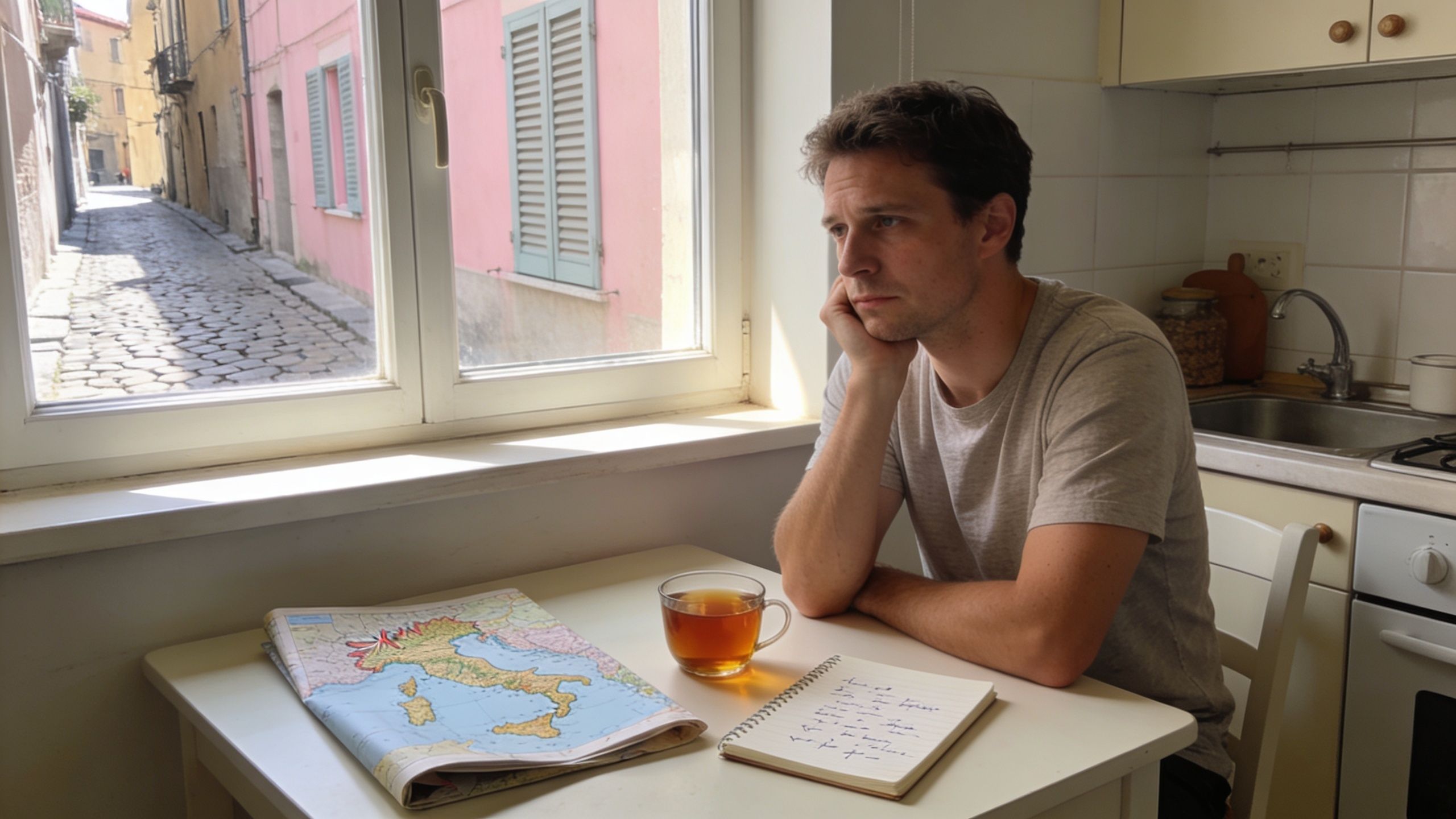 A pensive man sits at a kitchen table in Italy with a map, tea, and a notebook.