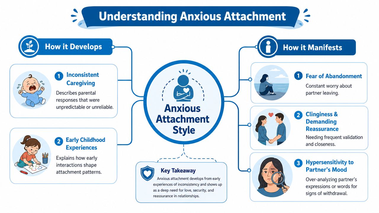 An infographic explaining the development and manifestations of the anxious attachment style in relationships and childhood.